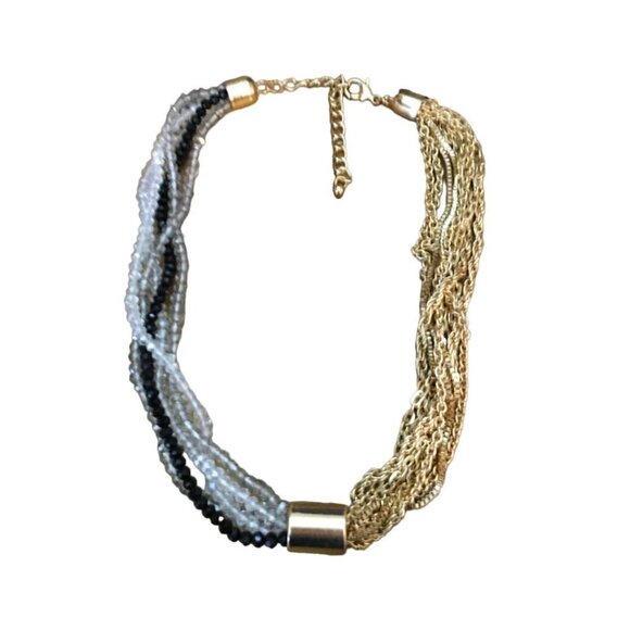 Crystal Beads and Gold Tone Chain Necklace, Asymmetrical Statement Piece - Picture 2 of 4